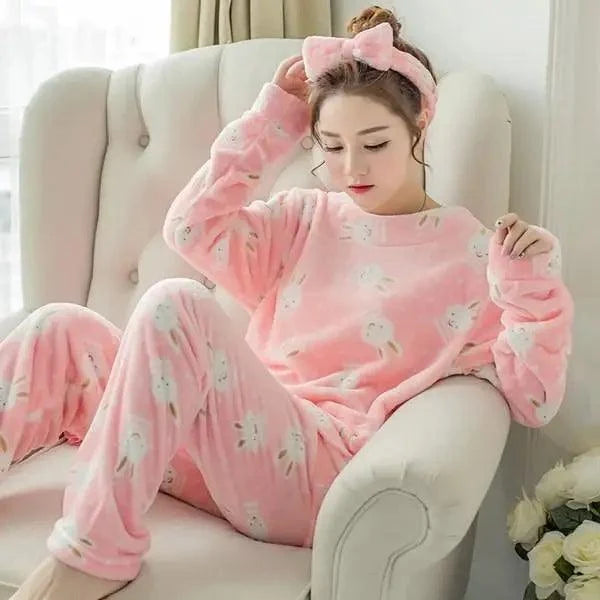 New Flannel Pajamas Nightwear Sleepwear Set Winter Warm Simple Long Sleeve Leisure Pure Color Lovely Women Home Wear Suit Pajama Set Warm Flannel Pajamas Set For Women Thick Coral Velvet Long Sleeve Pajamas Sets