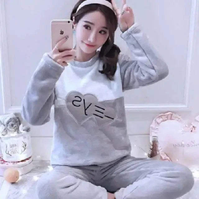 New Flannel Pajamas Nightwear Sleepwear Set Winter Warm Simple Long Sleeve Leisure Pure Color Lovely Women Home Wear Suit Pajama Set Warm Flannel Pajamas Set For Women Thick Coral Velvet Long Sleeve Pajamas Sets