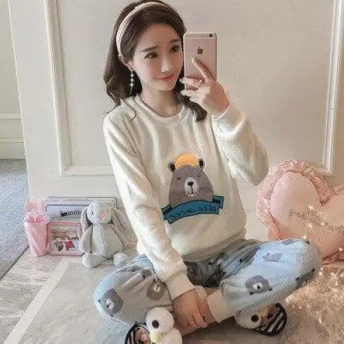 New Flannel Pajamas Nightwear Sleepwear Set Winter Warm Simple Long Sleeve Leisure Pure Color Lovely Women Home Wear Suit Pajama Set Warm Flannel Pajamas Set For Women Thick Coral Velvet Long Sleeve Pajamas Sets